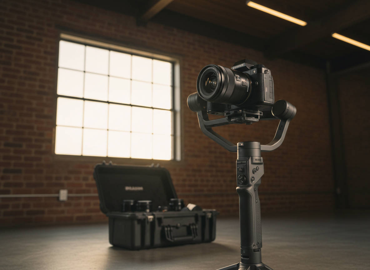 A compact, mirrorless camera with a prime lens mounted on a smooth motorized gimbal stands in the foreground of an industrial-style loft space. Exposed brick walls, a large frosted window, and a neatly packed gear case sit in the softly blurred background. Late afternoon light filters through the window, mixing with subtle overhead practicals to create a warm, directional glow that rims the edges of the camera and gimbal. Captured from a low, cinematic angle, the shot emphasizes the silhouette and engineered details of the stabilization system, conveying agility and modern videography craft in a realistic, professional photographic style.