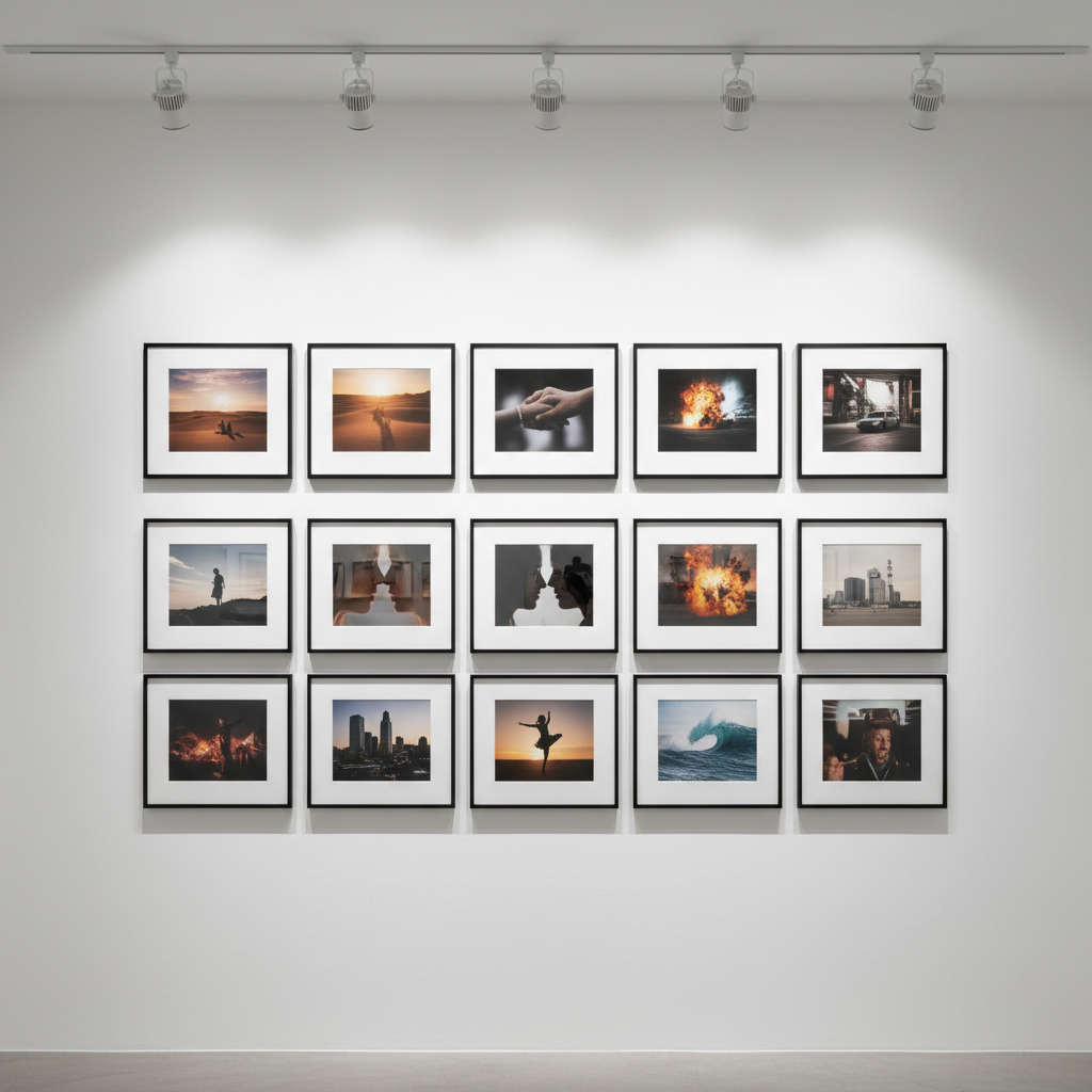 A curated grid of framed film stills and photographs arranged on a smooth white gallery wall, each frame showcasing different cinematic compositions: wide landscapes, intimate close-ups, and dynamic action moments. The frames are thin, matte black metal with non-reflective glass, evenly spaced in a geometric pattern. Soft track lighting above casts gentle, directed beams onto each frame, creating subtle pools of light and faint shadows that add depth to the wall. Captured straight on with sharp focus across the entire image, the composition feels like a refined portfolio exhibit, presenting a cohesive, professional body of filmmaking and photography work in clean, modern photographic realism.