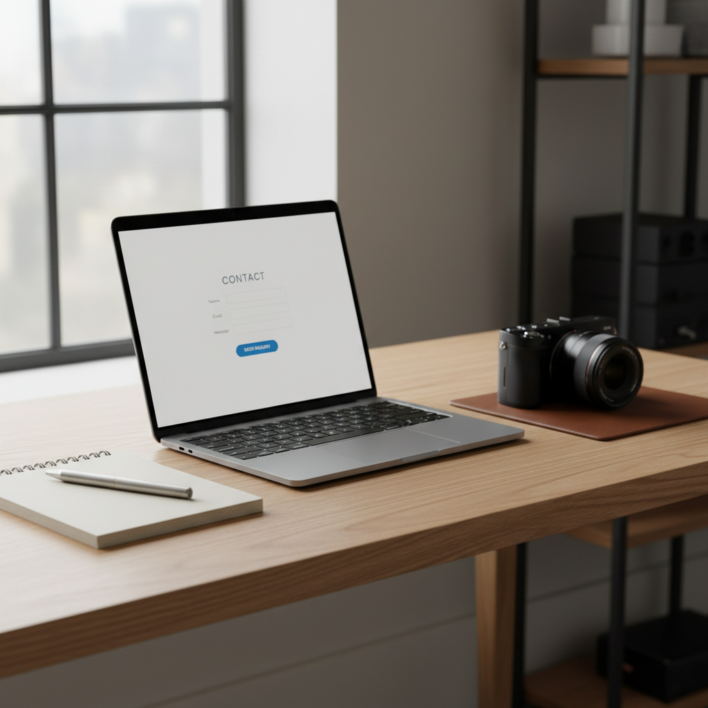 A professional inquiry setup on a tidy studio desk: an open, slim laptop displaying a clean contact interface, a minimalist notepad with a metal pen, and a compact mirrorless camera placed thoughtfully to the side. The desk surface is smooth, light oak with subtle grain, positioned near a large window that lets in soft, diffused daylight. The laptop screen glows gently, reflected faintly in the polished desk. Shot from a slightly elevated angle with moderate depth of field, the background fades into a soft blur of neutral walls and a hint of gear shelving. The mood is welcoming and businesslike, suggesting an easy process for new clients to reach out, rendered in crisp photographic realism.