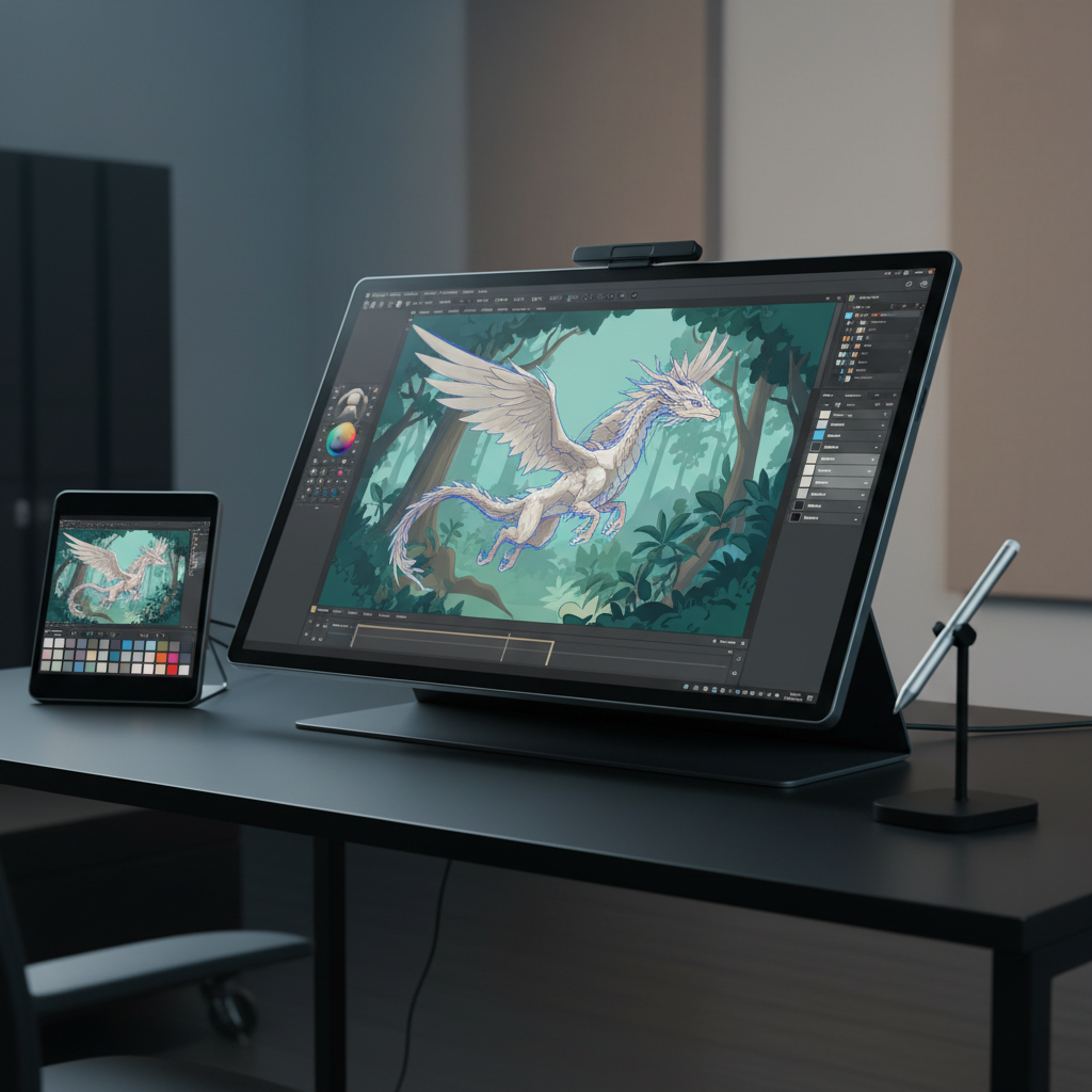 A high-resolution animation workstation featuring a large pen display tablet tilted at a comfortable angle on a clean, matte black desk. On the screen, a vibrant, partially completed animated frame is visible, with layers and tools surrounding it. A pressure-sensitive stylus rests on a small stand beside the tablet, and a compact, color-calibrated reference monitor glows softly to the side. Cool, balanced studio lighting ensures minimal reflections, casting very soft shadows and highlighting the sleek surfaces. Shot from an over-the-shoulder style angle but without any person present, the composition draws attention to the screen content and precise tools, expressing a calm, focused atmosphere of professional animation work in sharp photographic realism.