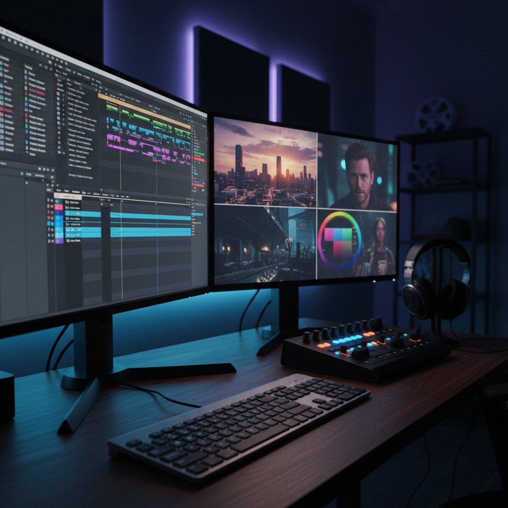 A meticulously arranged dual-monitor editing workstation glows in a dim, modern studio space. The ultra-wide screens display colorful film timelines and graded footage, their light reflecting off a brushed aluminum keyboard and a smooth, dark walnut desk surface. A high-end pair of over-ear headphones rests beside a compact control surface with glowing dials. Cool, indirect LED strip lighting frames the back wall, creating a soft halo behind the monitors. Captured from a three-quarter angle with a moderate depth of field, the composition leads the eye from the foreground tools into the illuminated screens, evoking a focused, creative late-night editing session in crisp photographic realism.