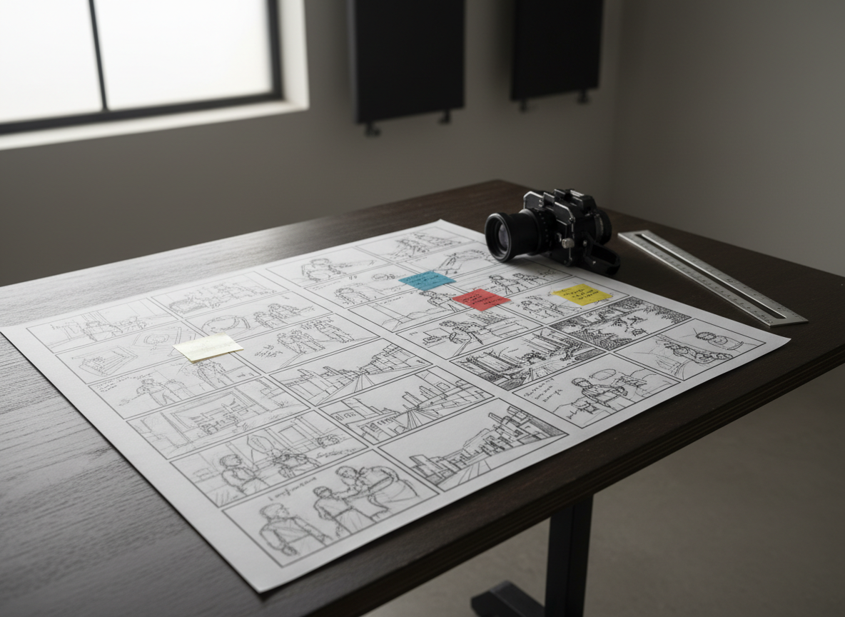 A polished cinema-grade storyboard laid out on a large, dark table, each frame sketched with detailed scenes and camera movements. A professional director’s viewfinder, a metal ruler, and color-coded sticky markers are carefully placed alongside, suggesting an organized pre-production process. Overhead, diffused natural light from a nearby window bathes the table in soft, even illumination, creating gentle paper textures and subtle shadows beneath the tools. Shot from a slightly elevated angle, the composition follows the rule of thirds, with the storyboard leading into a blurred background of neutral studio walls. The mood is deliberate and professional, emphasizing visual planning for filmmaking in clean, photographic realism.